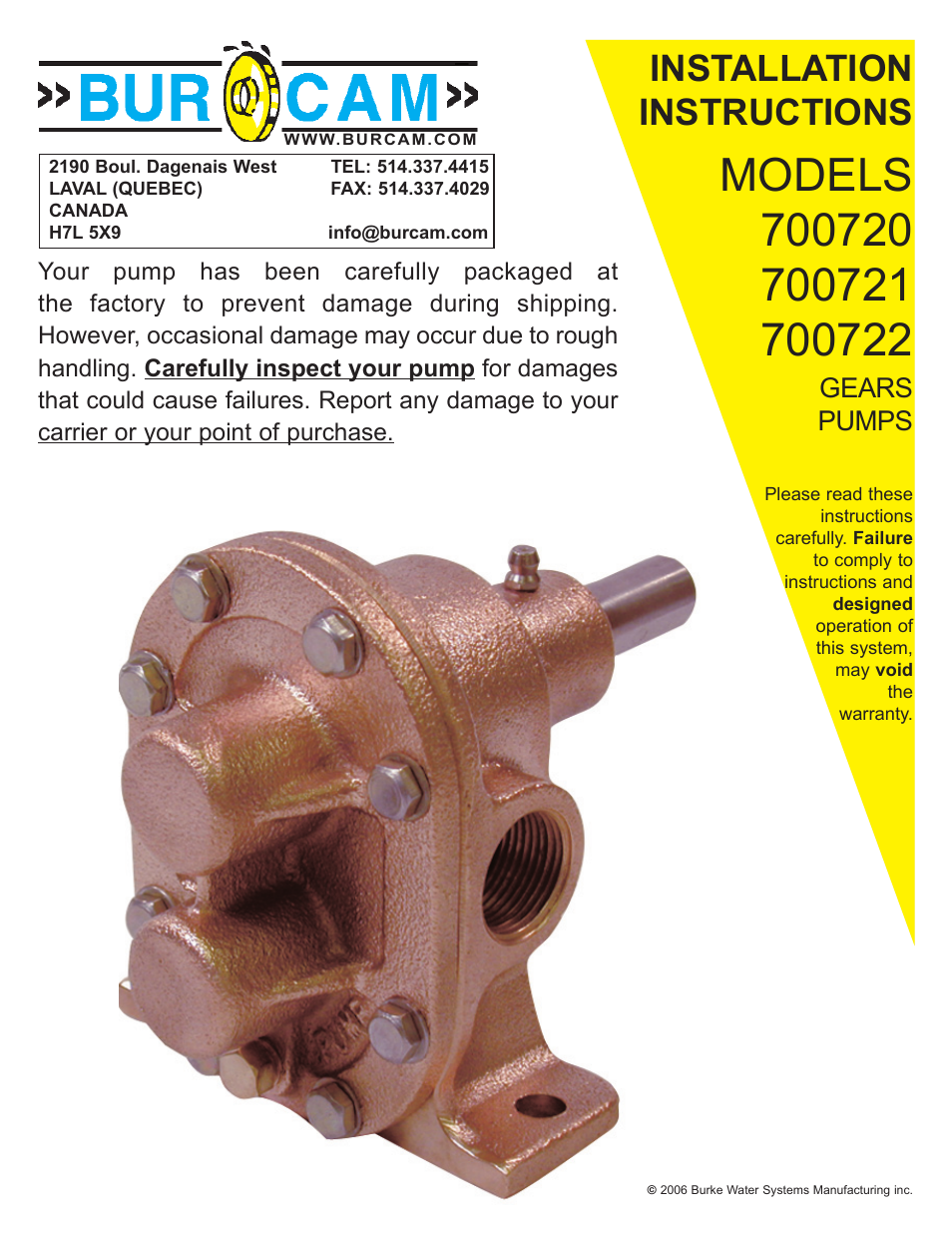 Burcam 700722 BRASS GEAR PUMP 1 SUCTION AND DISCHARGE User Manual | 4 pages