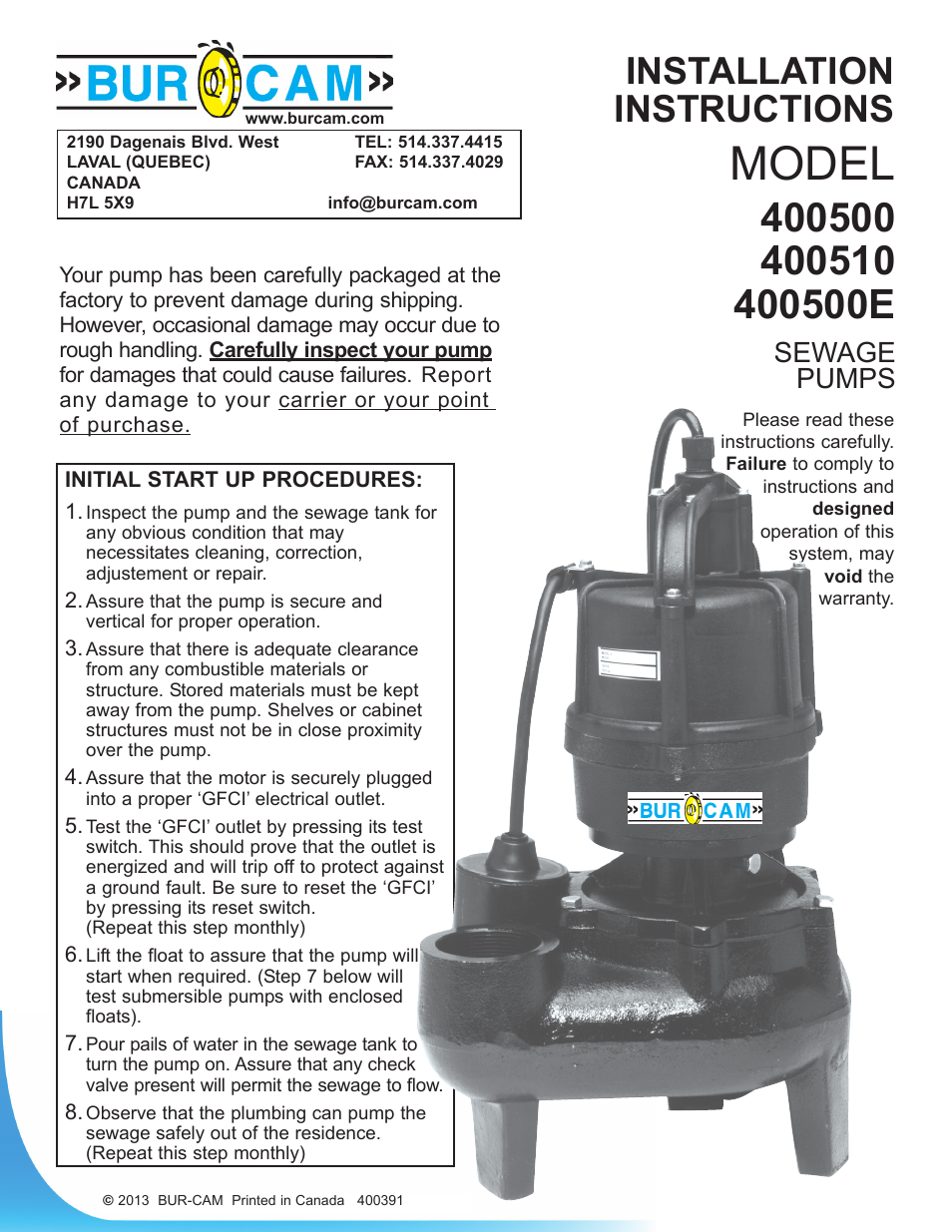 Burcam 400500 SEWAGE PUMP 1/2HP 115V User Manual | 6 pages