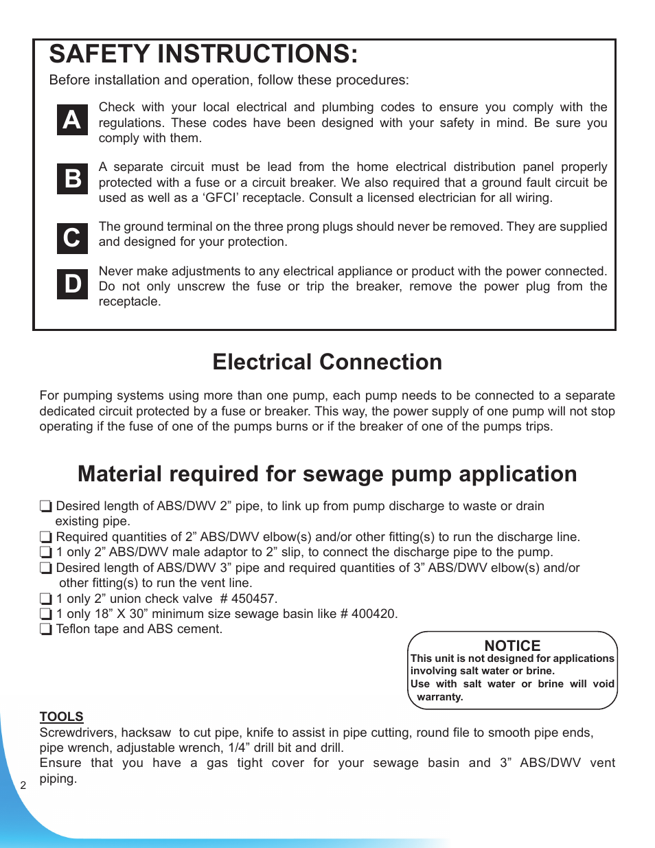 Safety instructions, Ab c d, Material required for sewage pump application | Electrical connection | Burcam 400500 SEWAGE PUMP 1/2HP 115V User Manual | Page 2 / 6