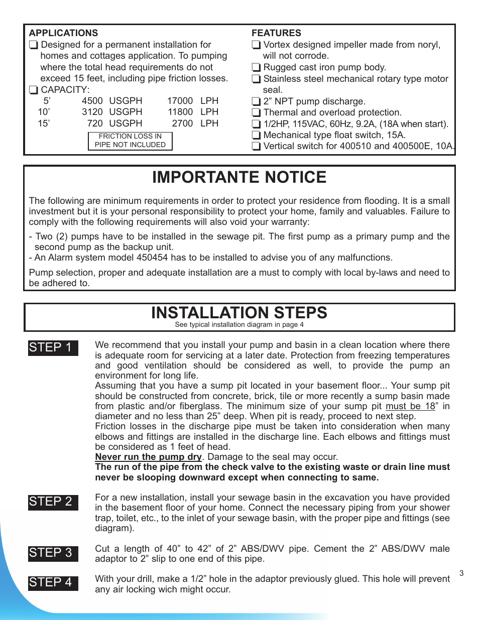 Installation steps, Importante notice, Step 1 | Step 2 step 3 step 4 | Burcam 400500 SEWAGE PUMP 1/2HP 115V User Manual | Page 3 / 6