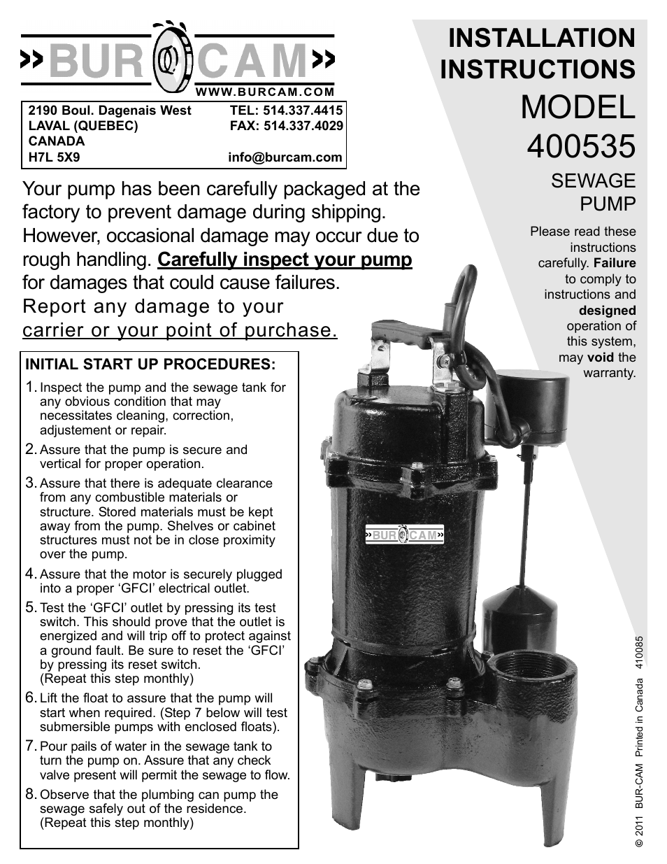 Burcam 400535 SEWAGE PUMP 1/2HP 115V IMP. CAST IRON WITH VERTICAL SWITCH User Manual | 6 pages