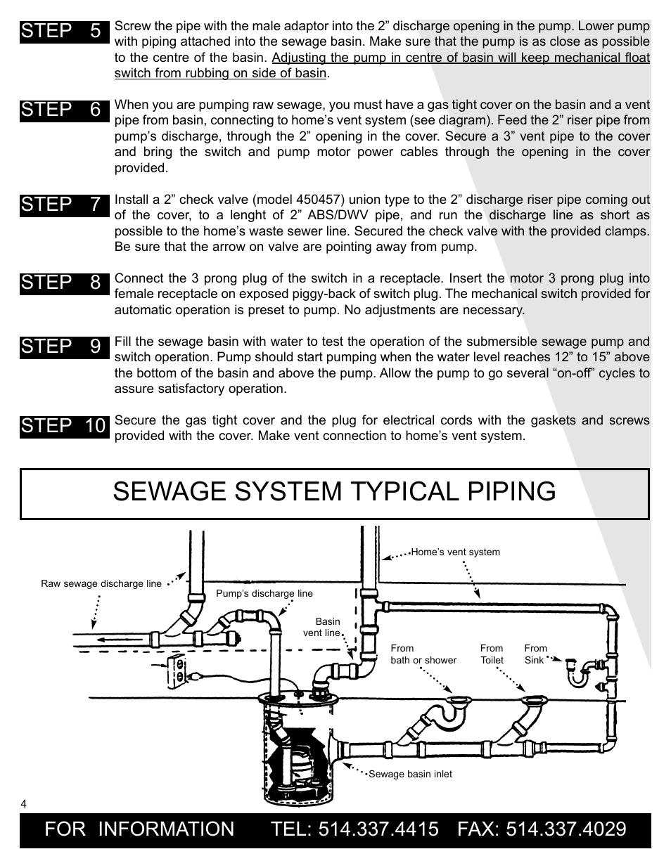 Sewage system typical piping, Step 5 step 6 step 7 step 8, Step 9 step 10 | Burcam 400535 SEWAGE PUMP 1/2HP 115V IMP. CAST IRON WITH VERTICAL SWITCH User Manual | Page 4 / 6