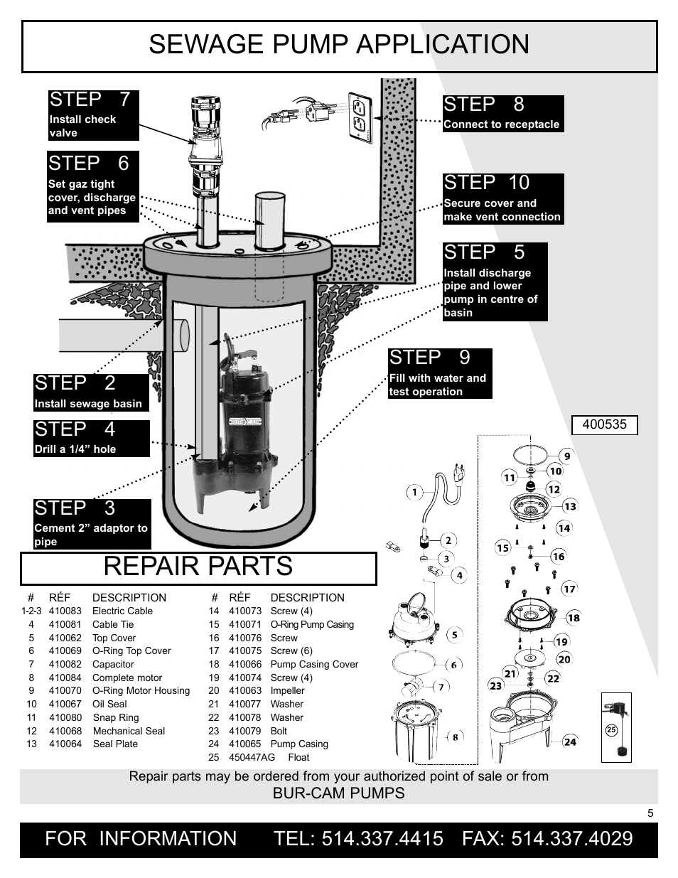 Repair parts, Sewage pump application, Step 3 | Step 2, Step 4, Step 5, Step 6, Step 7, Step 8, Step 9 | Burcam 400535 SEWAGE PUMP 1/2HP 115V IMP. CAST IRON WITH VERTICAL SWITCH User Manual | Page 5 / 6