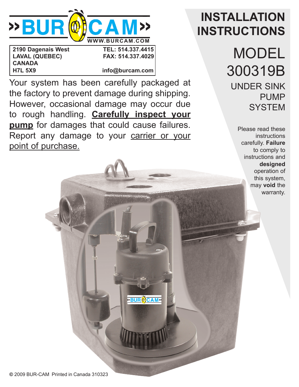 Burcam 300319B 12 SINK PUMP SYSTEM 1/4HP 115V 60HZ User Manual | 5 pages