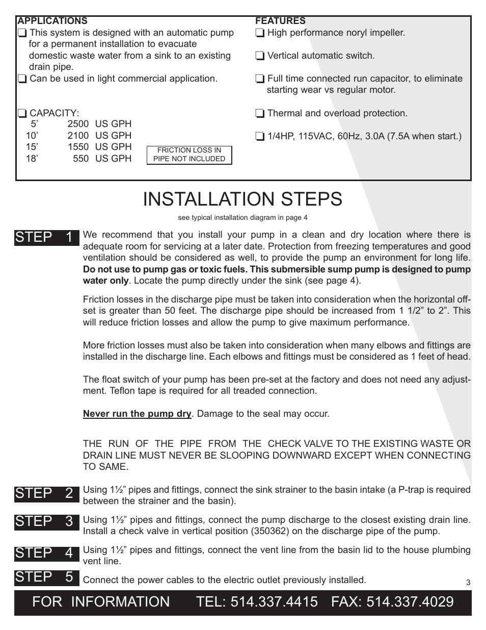 Installation steps, Step 1, Step 2 step 3 step 4 step 5 | Burcam 300319B 12 SINK PUMP SYSTEM 1/4HP 115V 60HZ User Manual | Page 3 / 5