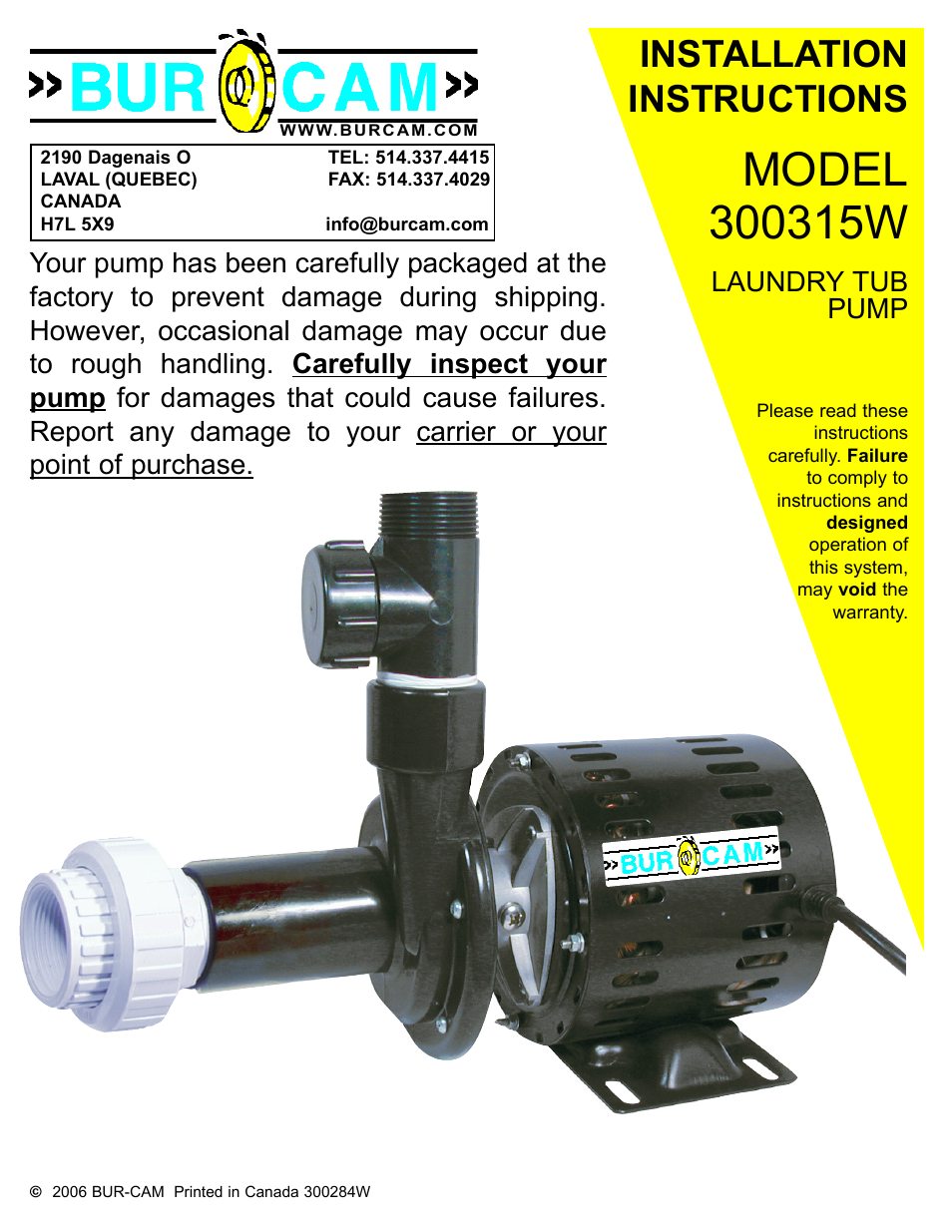 Burcam 300315W LAUNDRY TUB PUMP 1/3HP 115V User Manual | 8 pages