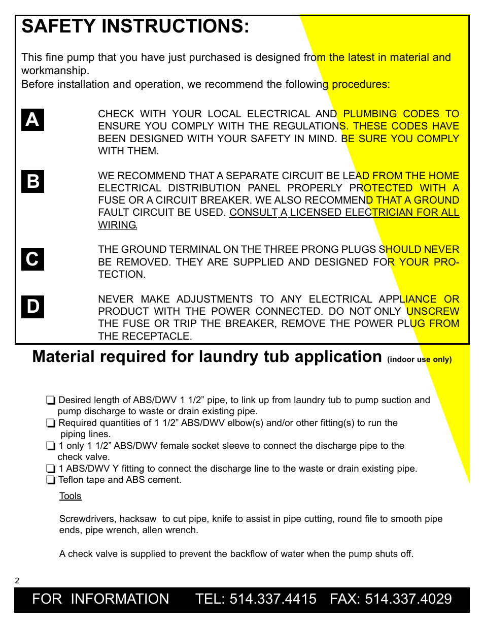 Safety instructions, Ab c d, Material required for laundry tub application | Burcam 300315W LAUNDRY TUB PUMP 1/3HP 115V User Manual | Page 2 / 8