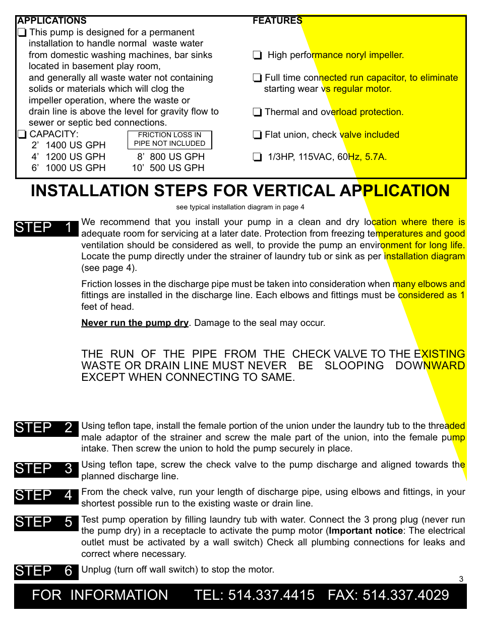 Installation steps for vertical application, Step 1 | Burcam 300315W LAUNDRY TUB PUMP 1/3HP 115V User Manual | Page 3 / 8