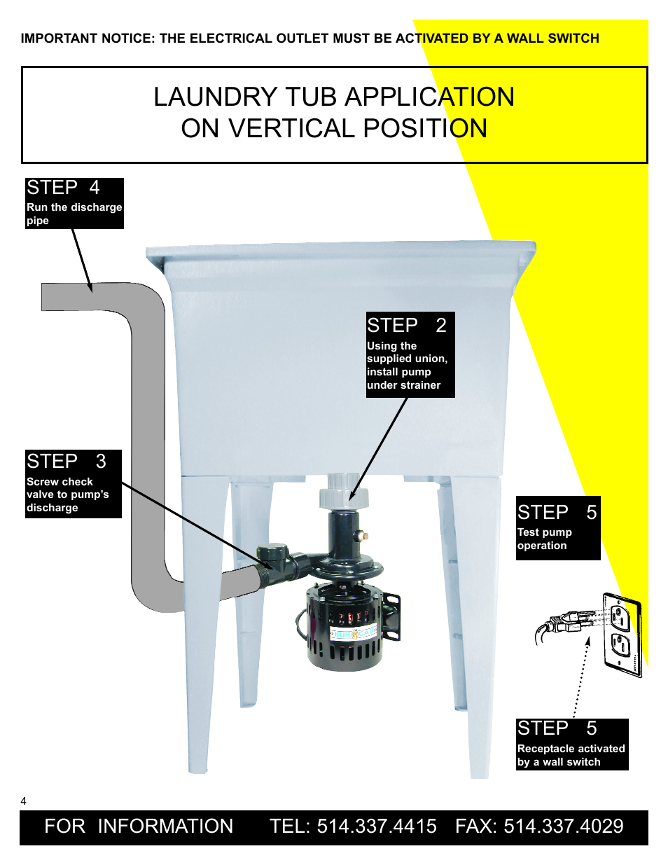 Laundry tub application on vertical position, Step 5, Step 2 | Step 3, Step 4 | Burcam 300315W LAUNDRY TUB PUMP 1/3HP 115V User Manual | Page 4 / 8