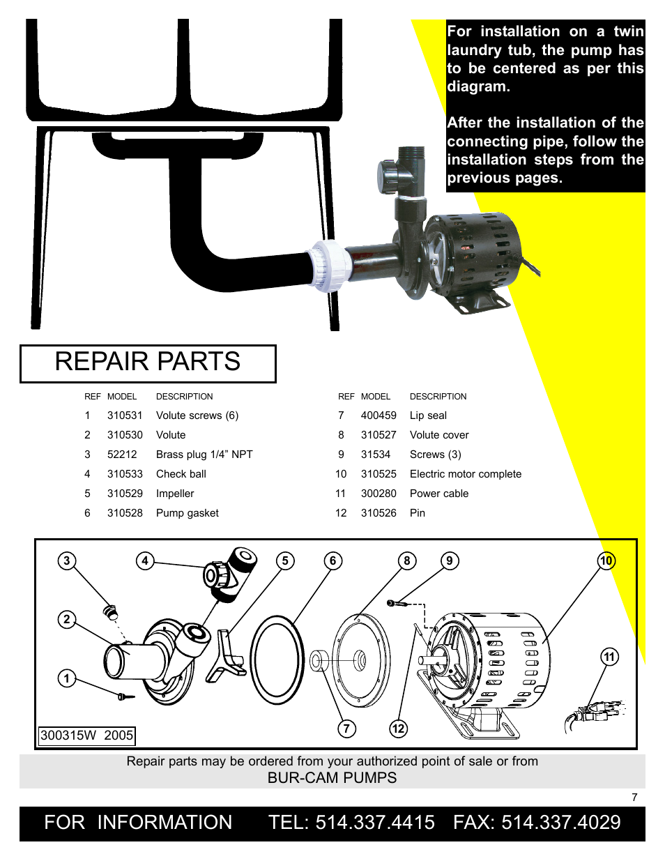 Repair parts, Bur-cam pumps | Burcam 300315W LAUNDRY TUB PUMP 1/3HP 115V User Manual | Page 7 / 8