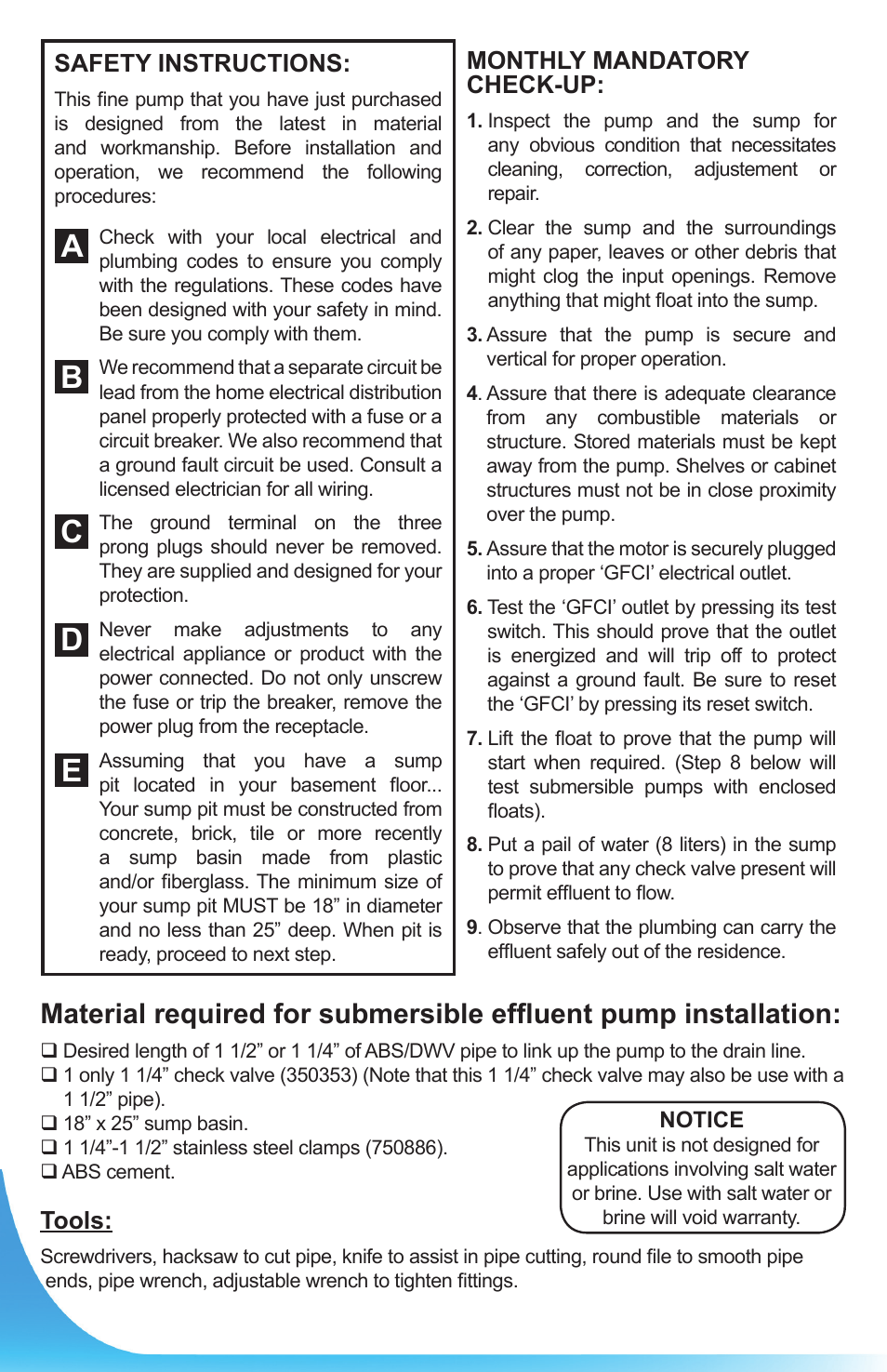 Ab c d e, Tools, Safety instructions | Monthly mandatory check-up | Burcam 300526 1/2HP 115V EFFLUENT PUMP VERTICAL SWITCH C.I. /S. STEEL User Manual | Page 2 / 6