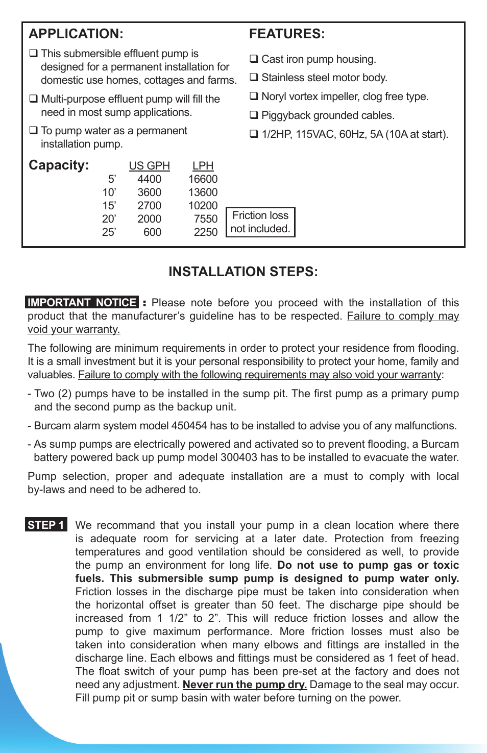 Application, Capacity, Features | Installation steps | Burcam 300526 1/2HP 115V EFFLUENT PUMP VERTICAL SWITCH C.I. /S. STEEL User Manual | Page 3 / 6