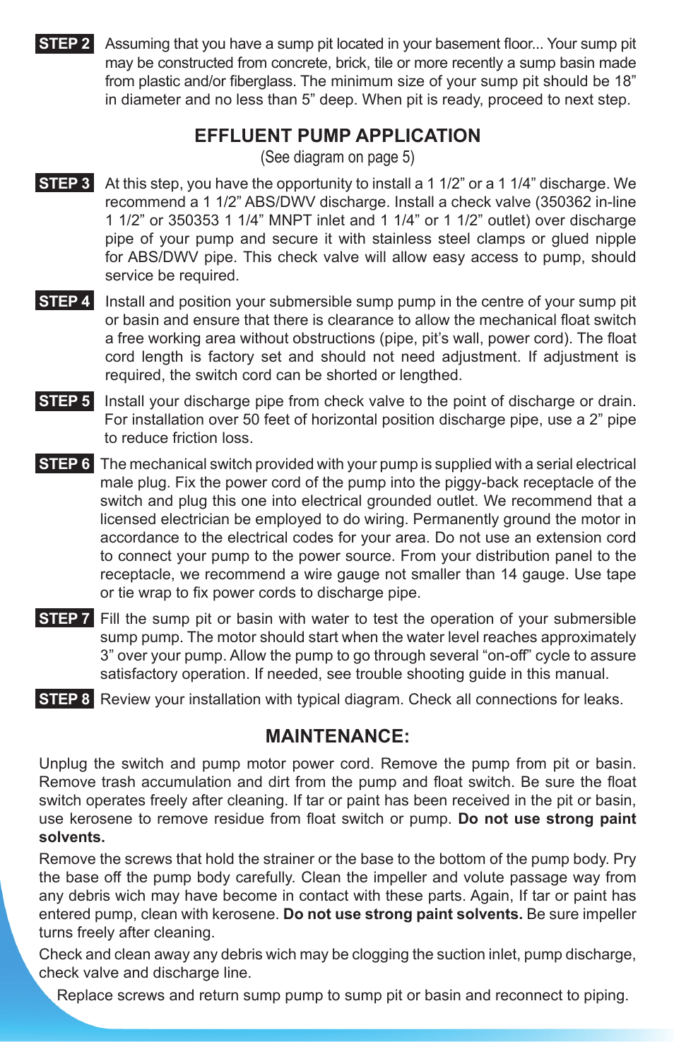 Effluent pump application, Maintenance | Burcam 300526 1/2HP 115V EFFLUENT PUMP VERTICAL SWITCH C.I. /S. STEEL User Manual | Page 4 / 6