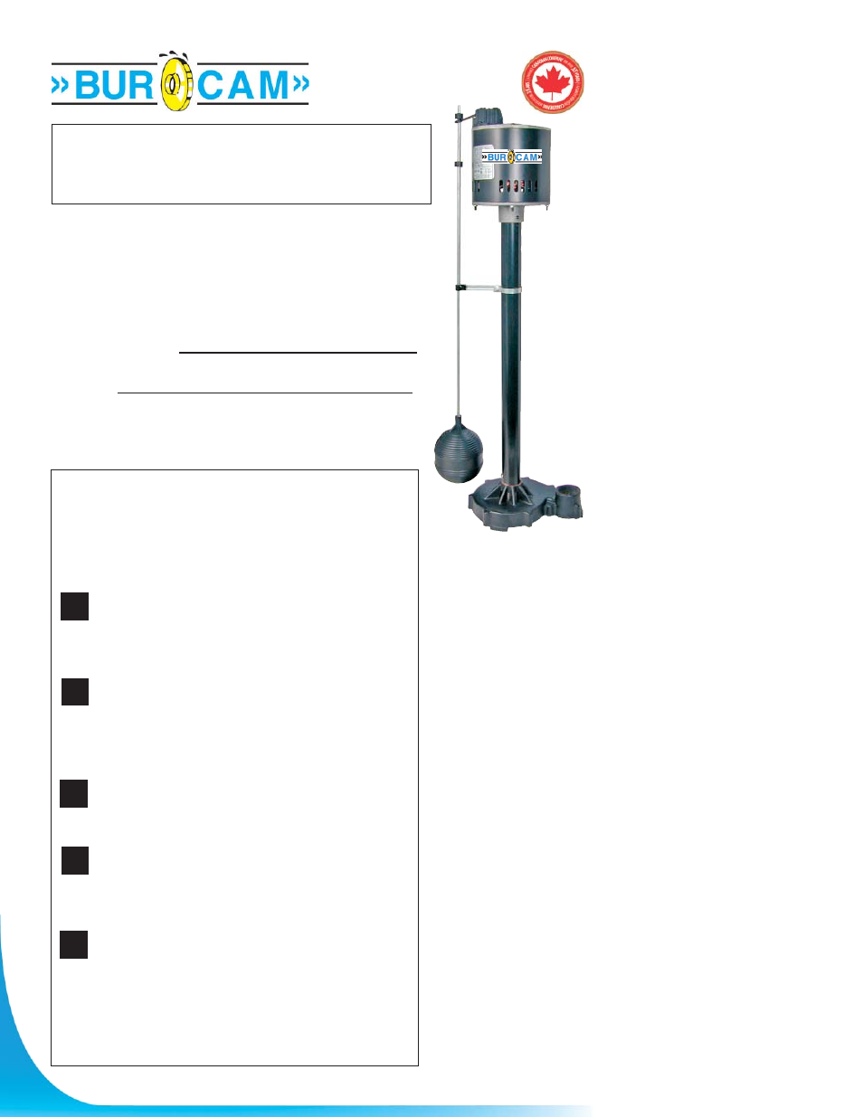 Burcam 300381 C.I. BASE COLUMN SUMP PUMP 1/3HP 115V User Manual | 2 pages