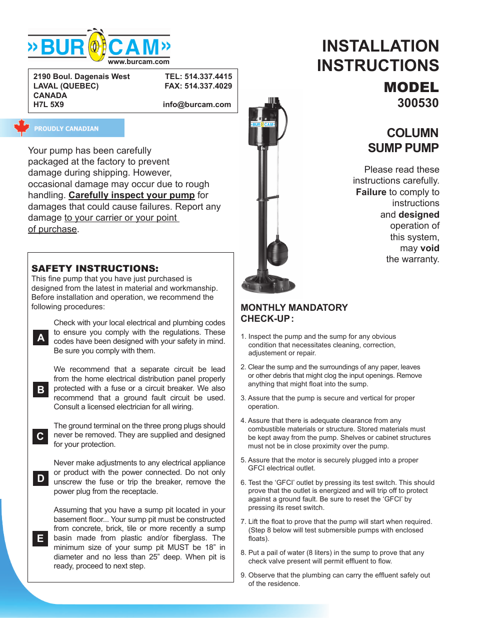 Burcam 300530 THERMOPLASTIC BASE COLUMN SUMP PUMP 1/3HP 115V User Manual | 2 pages