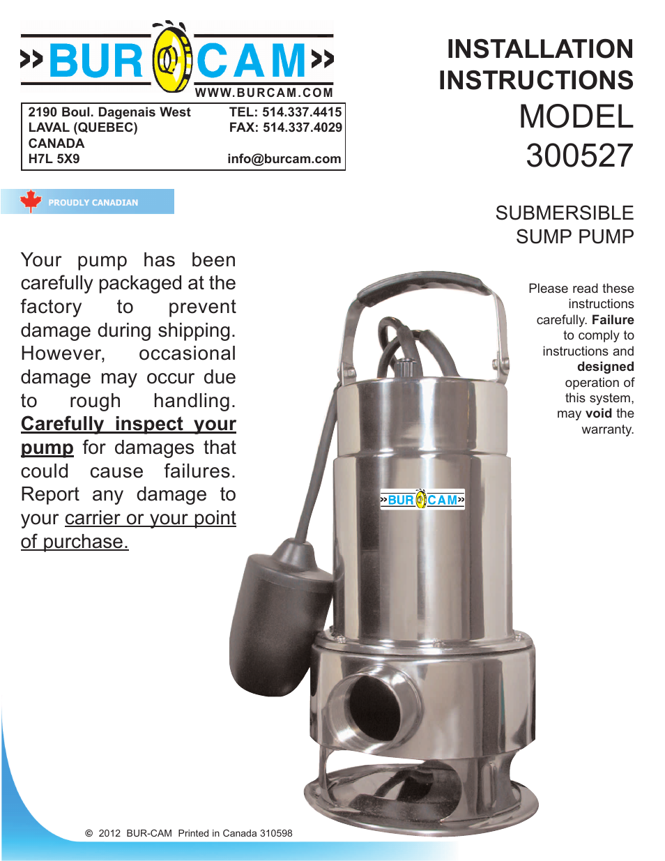 Burcam 300527 SUBM SUMP PUMP S. STEEL 3/4HP 115V WITH 20FT CABLE User Manual | 6 pages