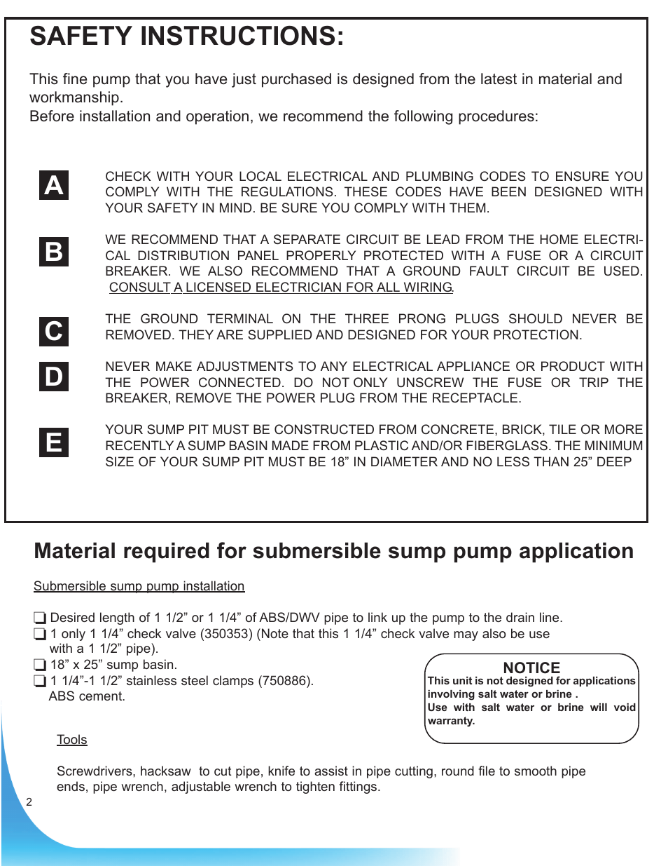 Safety instructions, Ab c d e | Burcam 300527 SUBM SUMP PUMP S. STEEL 3/4HP 115V WITH 20FT CABLE User Manual | Page 2 / 6