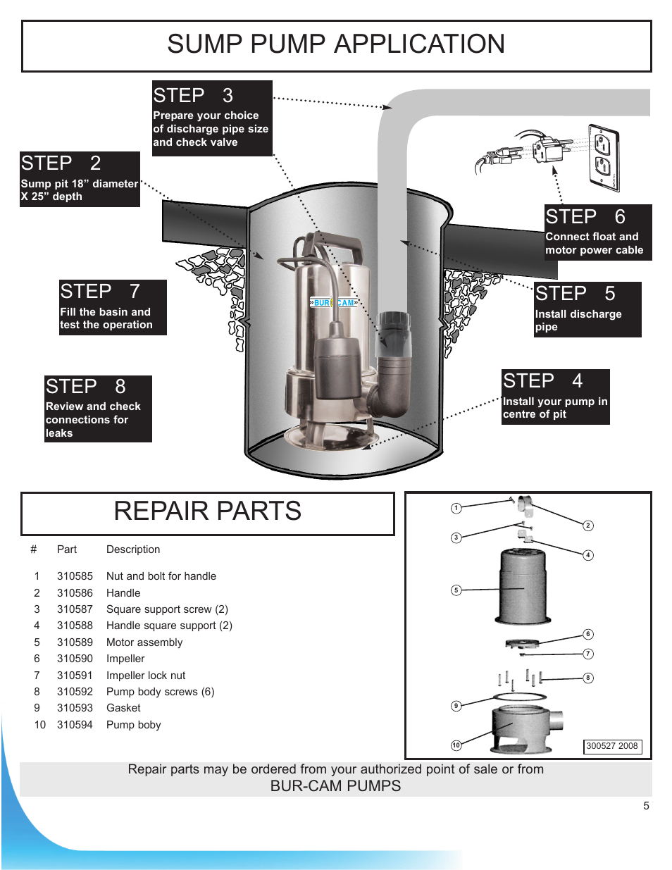 Sump pump application, Repair parts, Step 2 | Step 3, Step 4, Step 5, Step 7, Step 8, Step 6, Bur-cam pumps | Burcam 300527 SUBM SUMP PUMP S. STEEL 3/4HP 115V WITH 20FT CABLE User Manual | Page 5 / 6