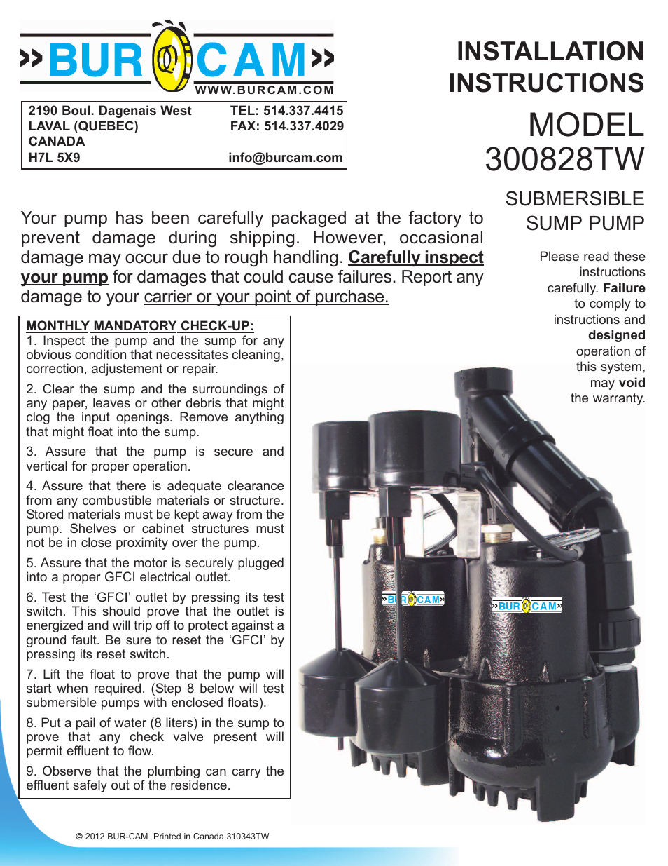 Burcam 300828TW TWIN CAST IRON SUBM. SUMP KIT VERTICAL SWITCH 1/3HP 115V User Manual | 6 pages