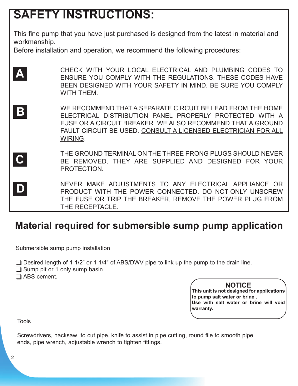 Safety instructions, Ab c d | Burcam 300828TW TWIN CAST IRON SUBM. SUMP KIT VERTICAL SWITCH 1/3HP 115V User Manual | Page 2 / 6