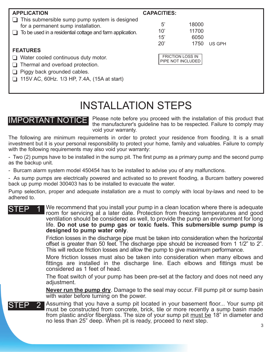 Installation steps, Step 1, Step 2 | Important notice | Burcam 300828TW TWIN CAST IRON SUBM. SUMP KIT VERTICAL SWITCH 1/3HP 115V User Manual | Page 3 / 6