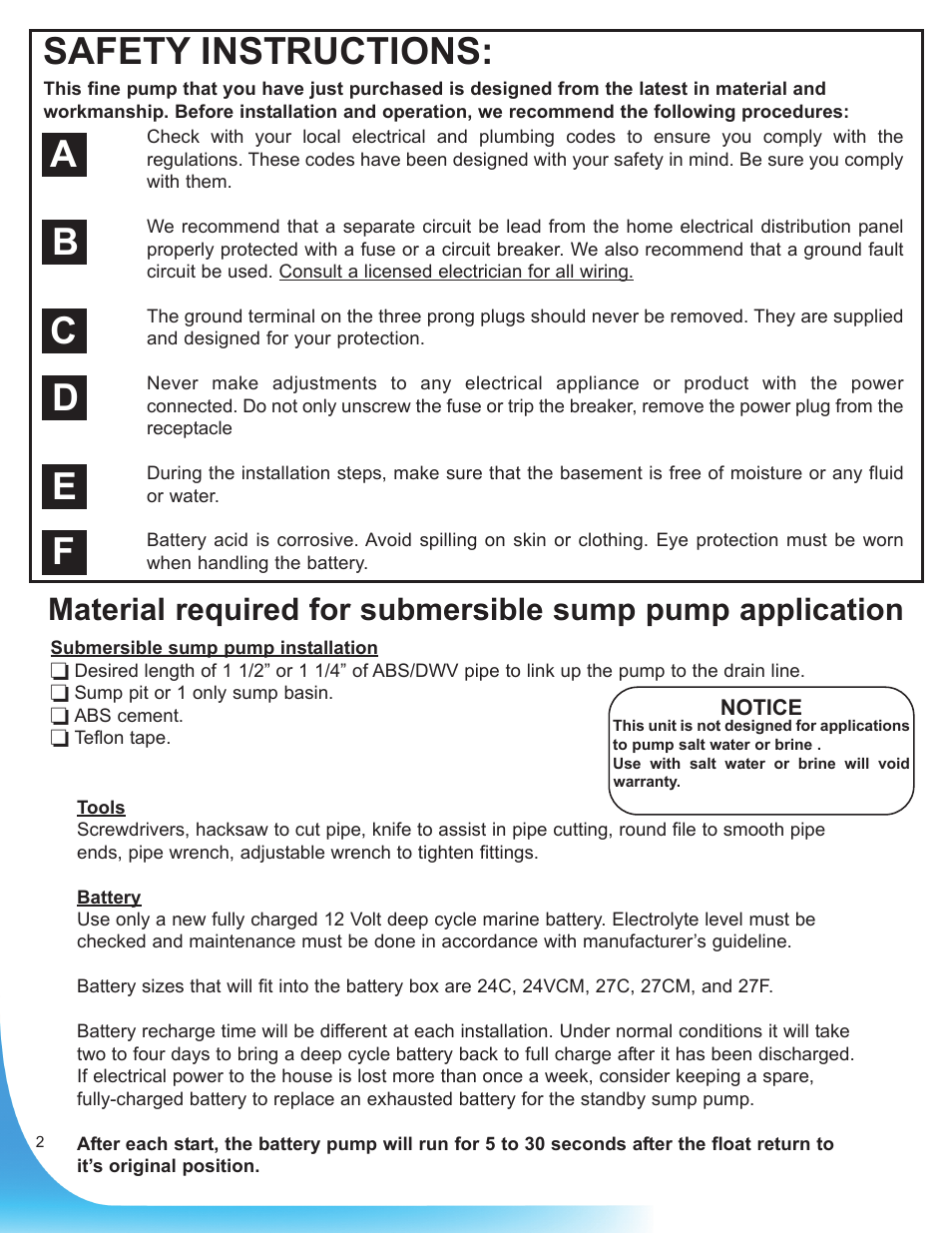 Safety instructions, Ab c d | Burcam 300828BUP 1/3HP SUB SUMP SYSTEM 115V/12V VERT/MEC SWITCH User Manual | Page 2 / 8