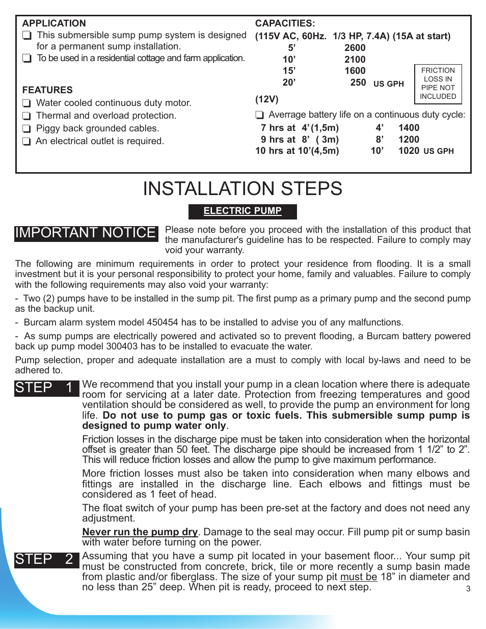 Installation steps, Step 1, Step 2 | Important notice | Burcam 300828BUP 1/3HP SUB SUMP SYSTEM 115V/12V VERT/MEC SWITCH User Manual | Page 3 / 8