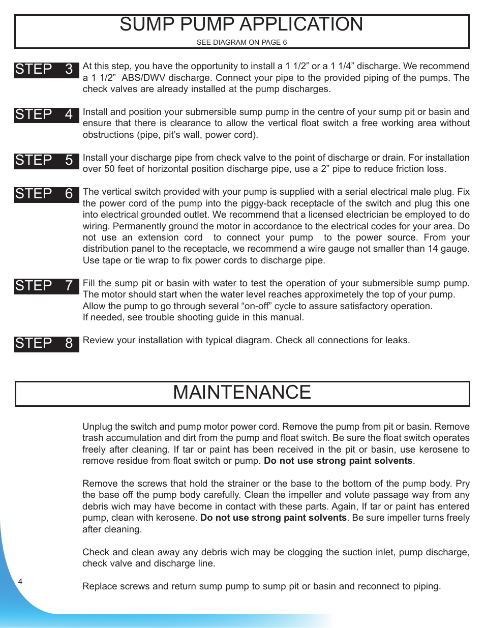 Maintenance sump pump application | Burcam 300828BUP 1/3HP SUB SUMP SYSTEM 115V/12V VERT/MEC SWITCH User Manual | Page 4 / 8