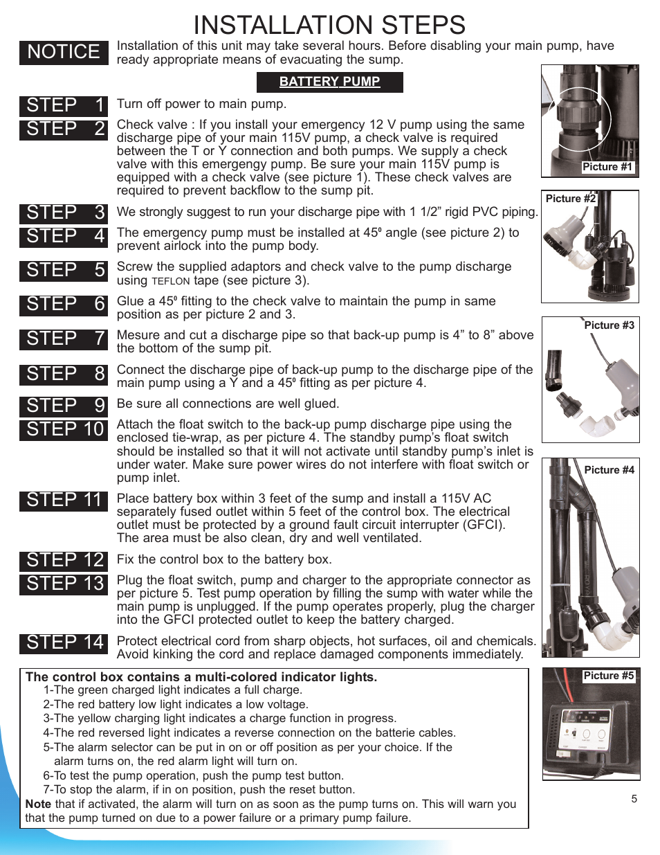 Installation steps, Notice | Burcam 300828BUP 1/3HP SUB SUMP SYSTEM 115V/12V VERT/MEC SWITCH User Manual | Page 5 / 8