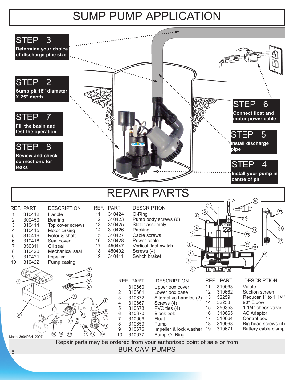 Repair parts, Sump pump application, Step 2 | Step 3, Step 4, Step 5, Step 7, Step 8, Step 6, Bur-cam pumps | Burcam 300828BUP 1/3HP SUB SUMP SYSTEM 115V/12V VERT/MEC SWITCH User Manual | Page 6 / 8