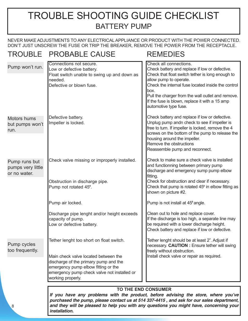 Trouble shooting guide checklist, Battery pump, Trouble probable cause remedies | Burcam 300828BUP 1/3HP SUB SUMP SYSTEM 115V/12V VERT/MEC SWITCH User Manual | Page 8 / 8