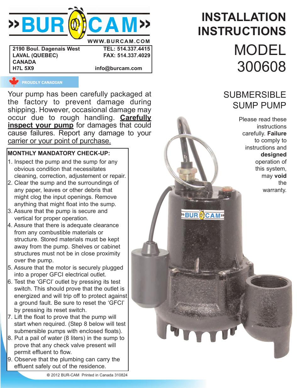 Burcam 300608 CAST IRON SUBM. SUMP PUMP MECHANICAL SWITCH 1/3HP 115V User Manual | 6 pages