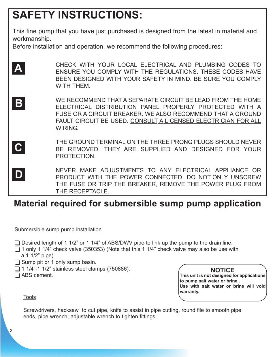 Safety instructions, Ab c d | Burcam 300608 CAST IRON SUBM. SUMP PUMP MECHANICAL SWITCH 1/3HP 115V User Manual | Page 2 / 6