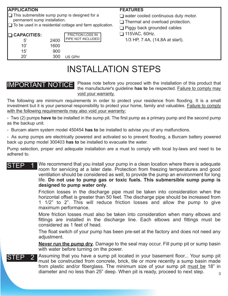 Installation steps, Step 1, Step 2 | Important notice | Burcam 300608 CAST IRON SUBM. SUMP PUMP MECHANICAL SWITCH 1/3HP 115V User Manual | Page 3 / 6