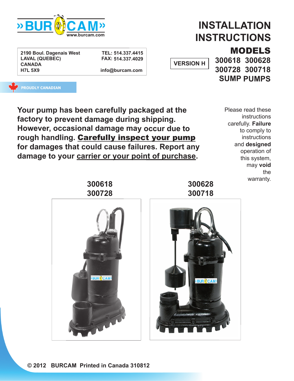 Burcam 300718 CAST IRON SUBM. SUMP PUMP 1/2HP 115V VERTICAL SWITCH User Manual | 6 pages