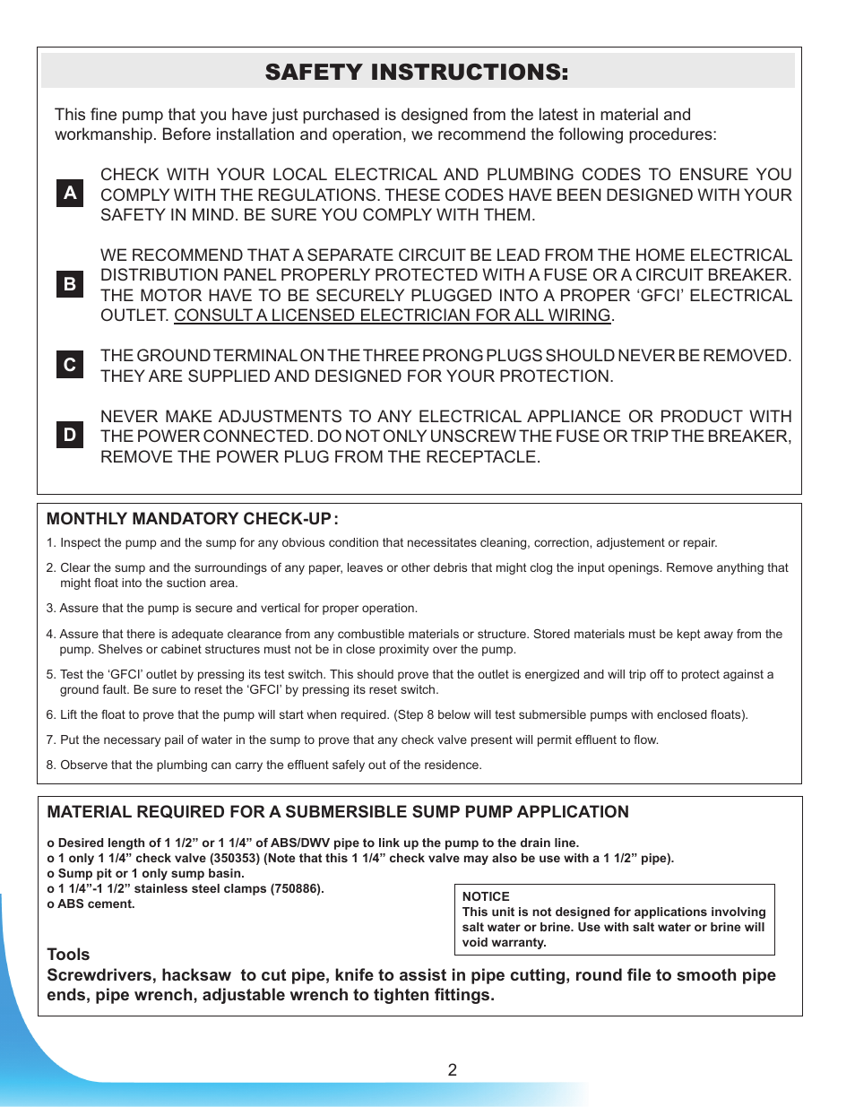 Safety instructions, Ab c d | Burcam 300718 CAST IRON SUBM. SUMP PUMP 1/2HP 115V VERTICAL SWITCH User Manual | Page 2 / 6