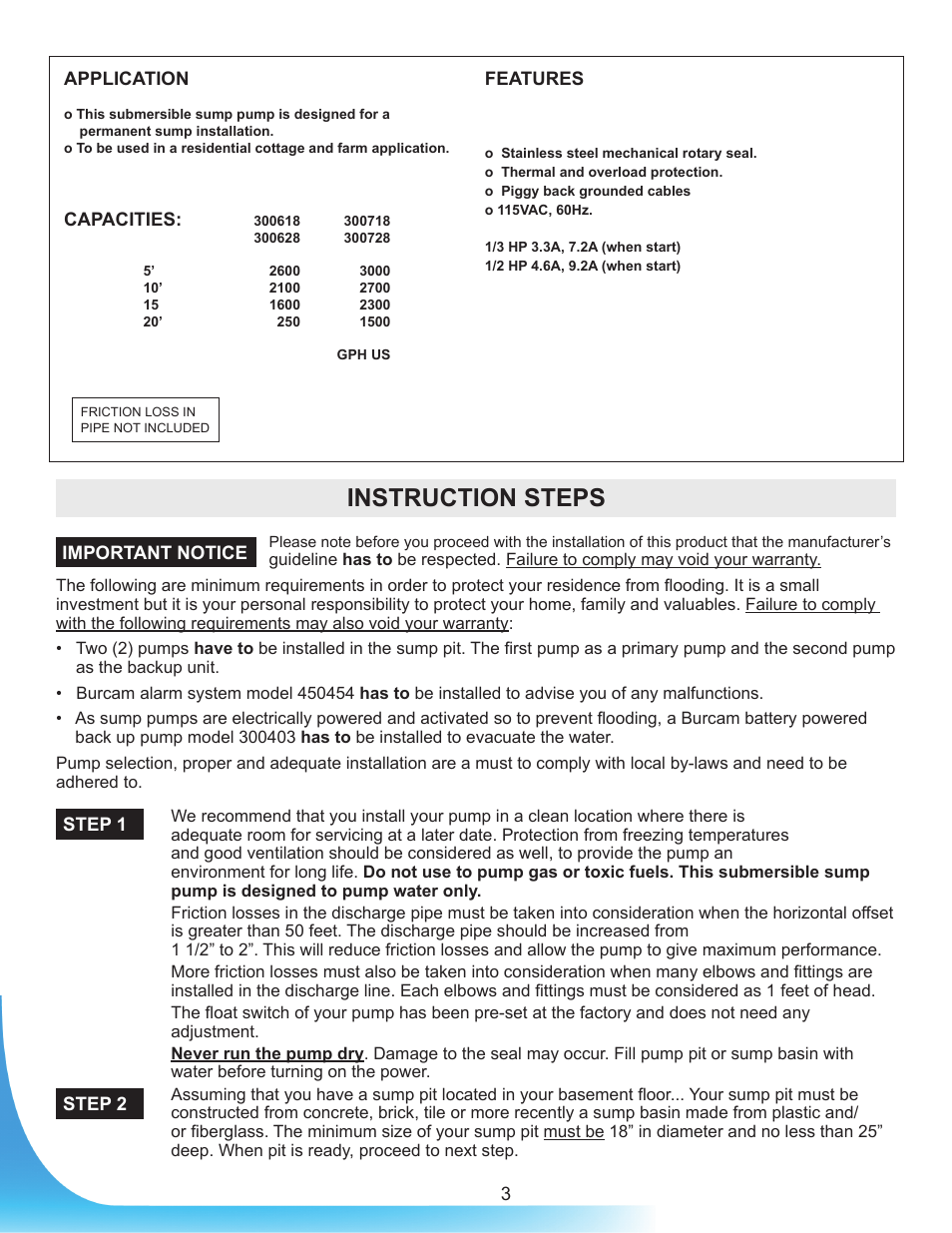 Instruction steps | Burcam 300718 CAST IRON SUBM. SUMP PUMP 1/2HP 115V VERTICAL SWITCH User Manual | Page 3 / 6