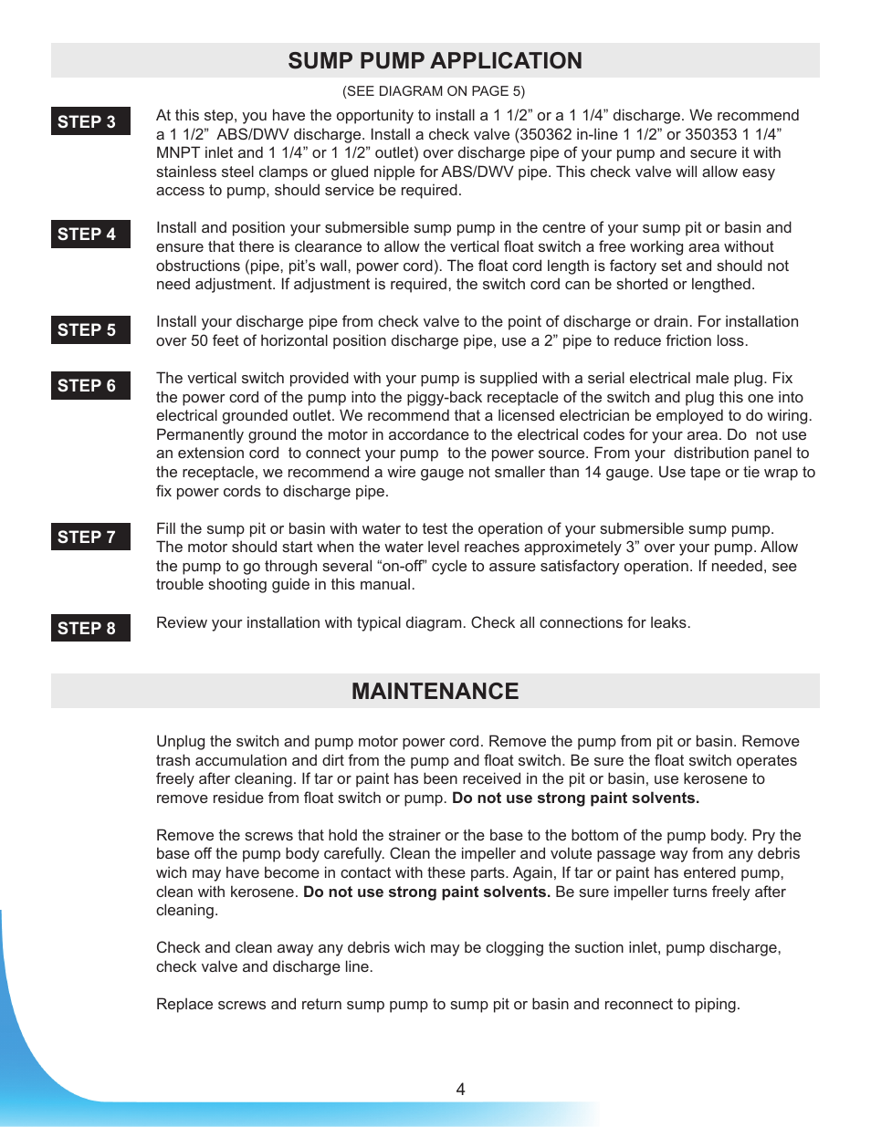 Sump pump application maintenance | Burcam 300718 CAST IRON SUBM. SUMP PUMP 1/2HP 115V VERTICAL SWITCH User Manual | Page 4 / 6