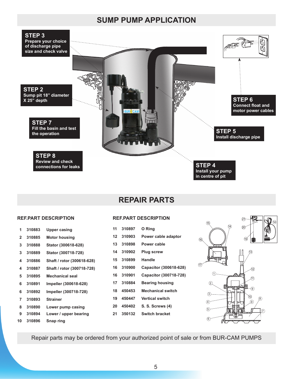 Sump pump application repair parts, Step 3, Step 4 | Step 5, Step 6, Step 7, Step 8 | Burcam 300718 CAST IRON SUBM. SUMP PUMP 1/2HP 115V VERTICAL SWITCH User Manual | Page 5 / 6