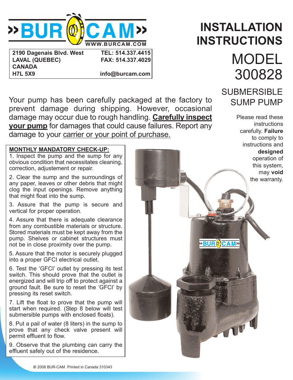 Burcam 300828 CAST IRON SUBM. SUMP PUMP VERTICAL SWITCH 1/3HP 115V User Manual | 6 pages