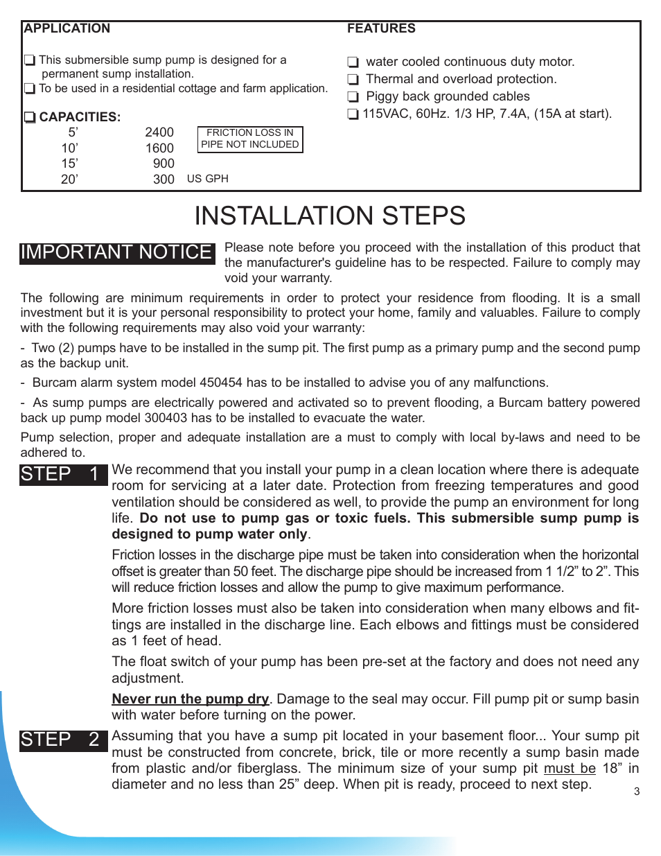 Installation steps, Step 1, Step 2 | Important notice | Burcam 300828 CAST IRON SUBM. SUMP PUMP VERTICAL SWITCH 1/3HP 115V User Manual | Page 3 / 6