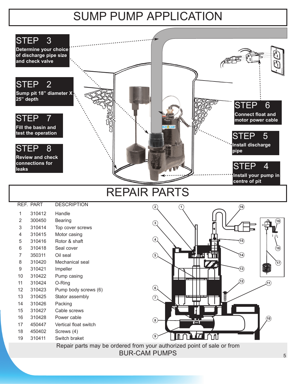 Repair parts, Sump pump application, Step 2 | Step 3, Step 4, Step 5, Step 7, Step 8, Step 6, Bur-cam pumps | Burcam 300828 CAST IRON SUBM. SUMP PUMP VERTICAL SWITCH 1/3HP 115V User Manual | Page 5 / 6