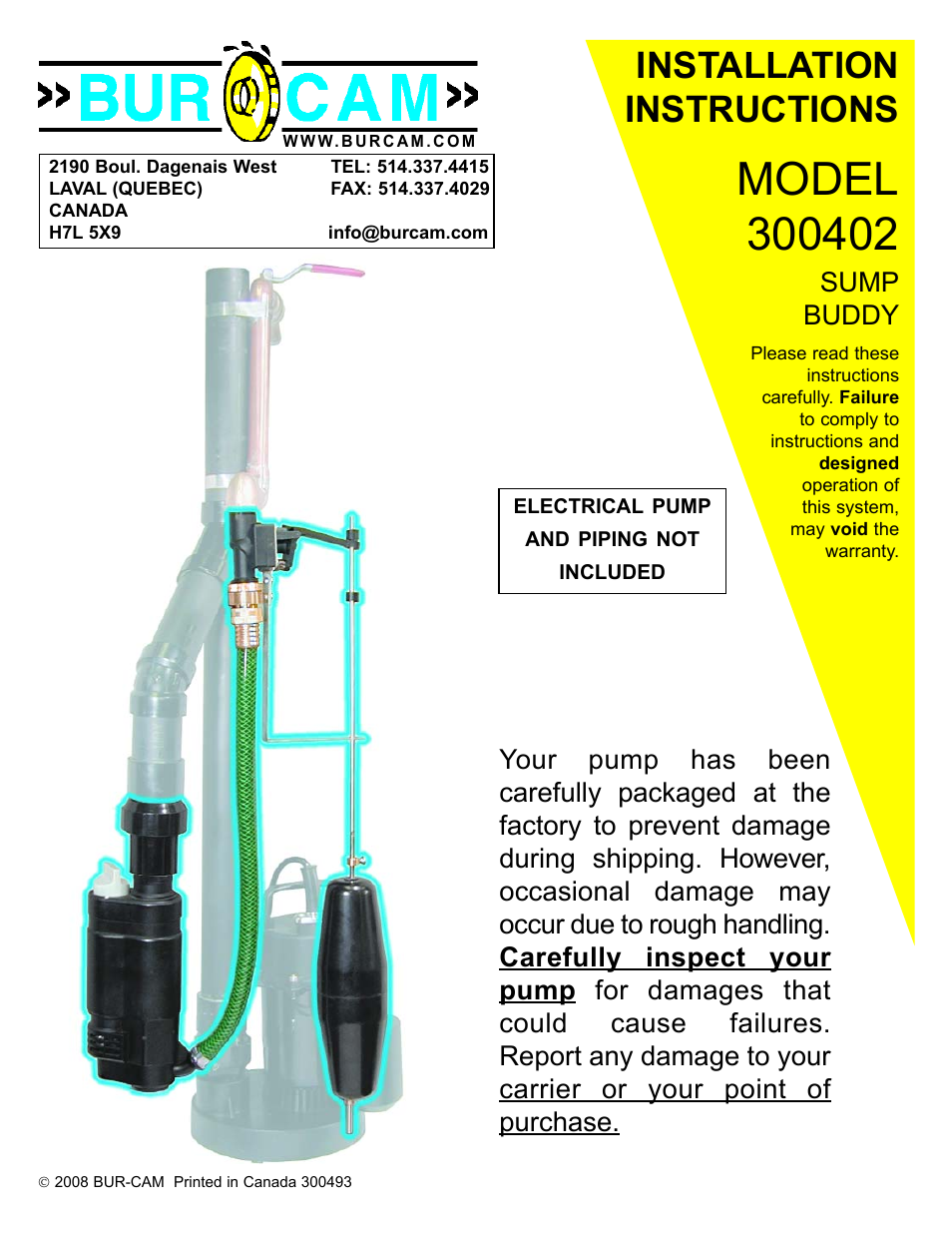 Burcam 300402 SUMP BUDDY SUBM. BACK UP MUNICIPAL WATER SUMP PUMP User Manual | 8 pages