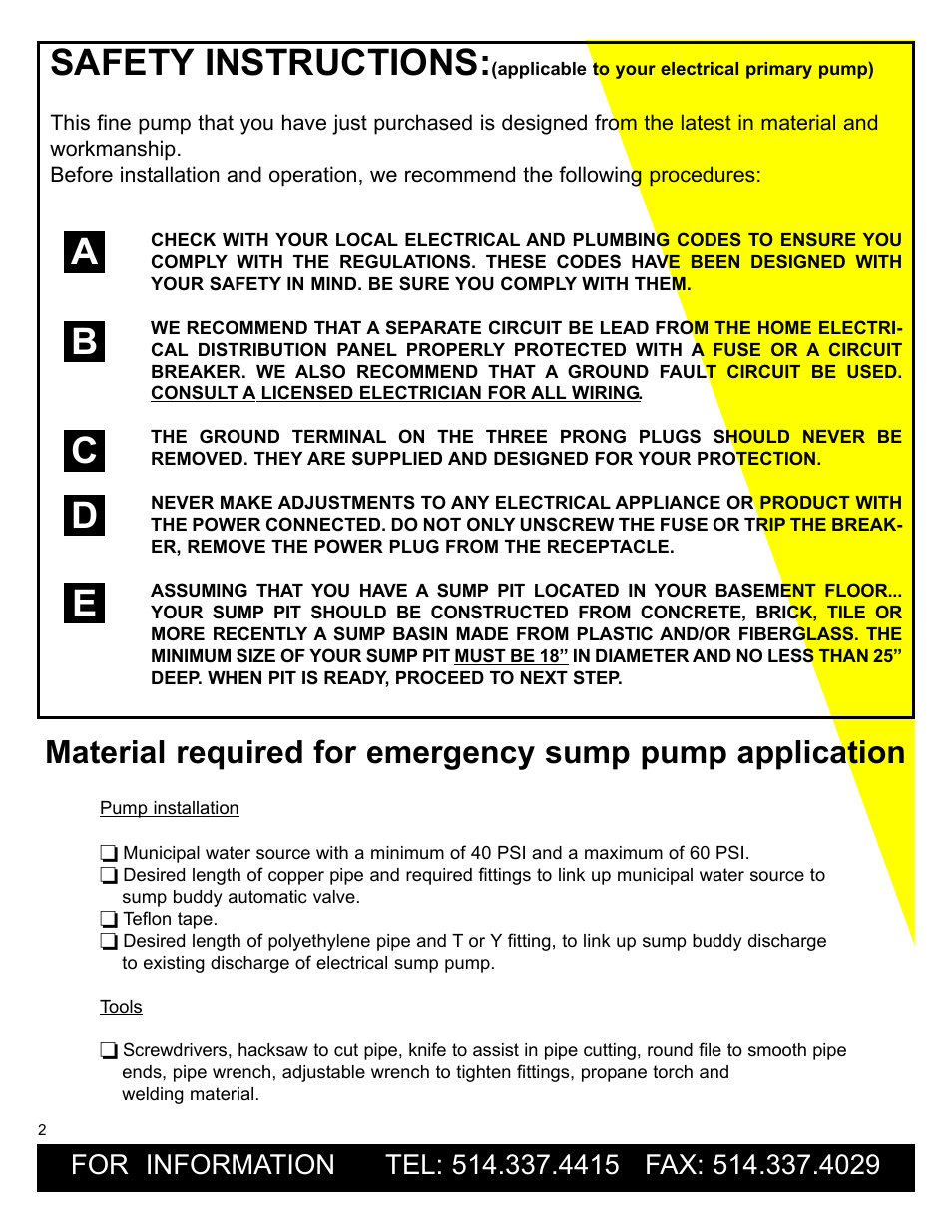 Safety instructions, Ab c d e | Burcam 300402 SUMP BUDDY SUBM. BACK UP MUNICIPAL WATER SUMP PUMP User Manual | Page 2 / 8