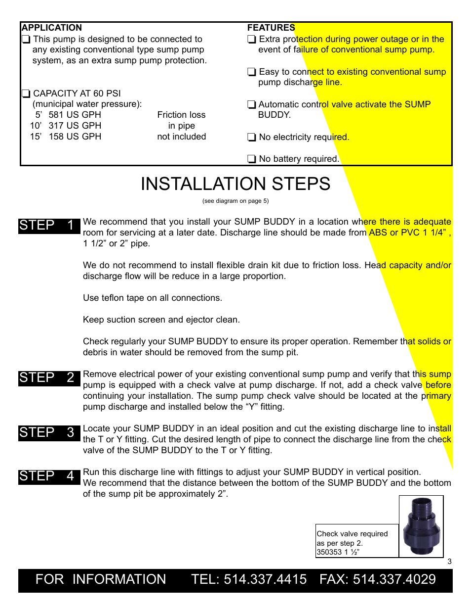 Installation steps, Step 1 step 2 step 3 step 4 | Burcam 300402 SUMP BUDDY SUBM. BACK UP MUNICIPAL WATER SUMP PUMP User Manual | Page 3 / 8