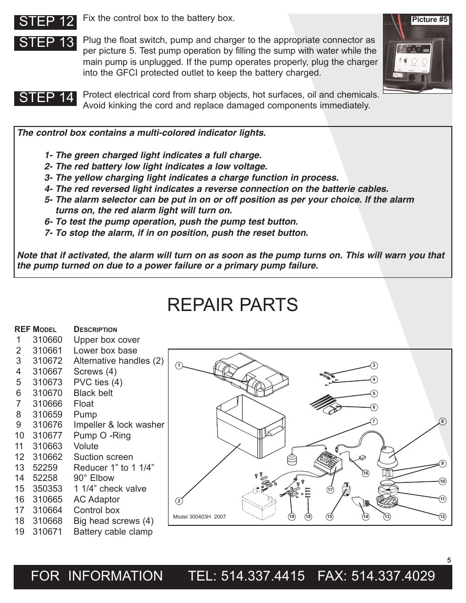 Repair parts | Burcam 300403 EMERGENCY BACK UP PUMP 12V User Manual | Page 5 / 6