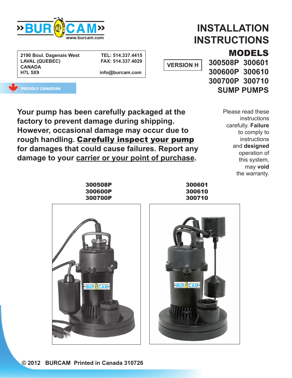 Burcam 300710 DE LUXE SUBM. SUMP PUMP VERTICAL SWITCH 1/2HP 115V User Manual | 6 pages