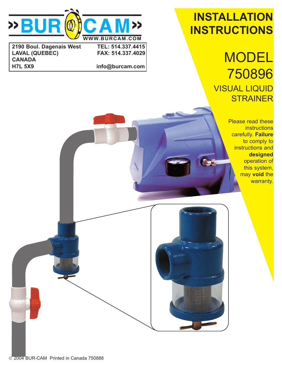 Burcam 750896 SAND FILTER 1 1/4 INLET AND OUTLET User Manual | 3 pages