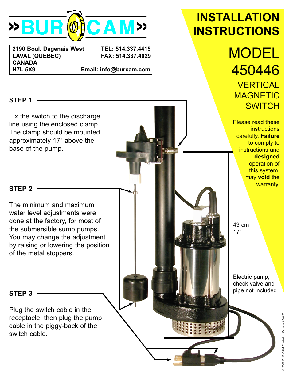 Burcam 450446 VERT.MAGNETIC SWITCH 10CORD WITH FITTING User Manual | 1 page