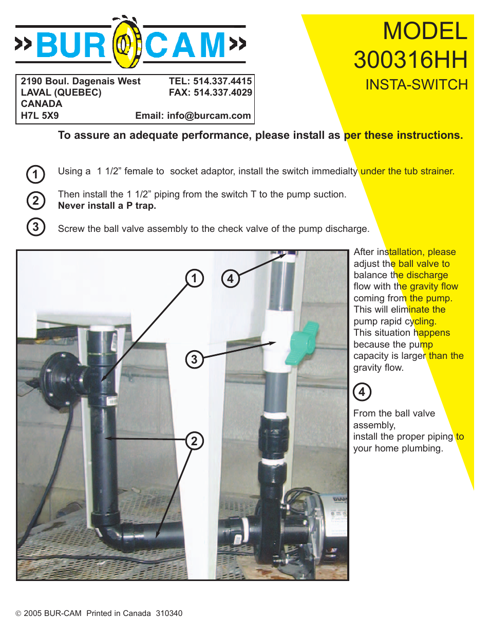 Burcam 300316HH SWITCH AND ACCESSORIES FOR LAUNDRY TUB PUMP User Manual | 1 page